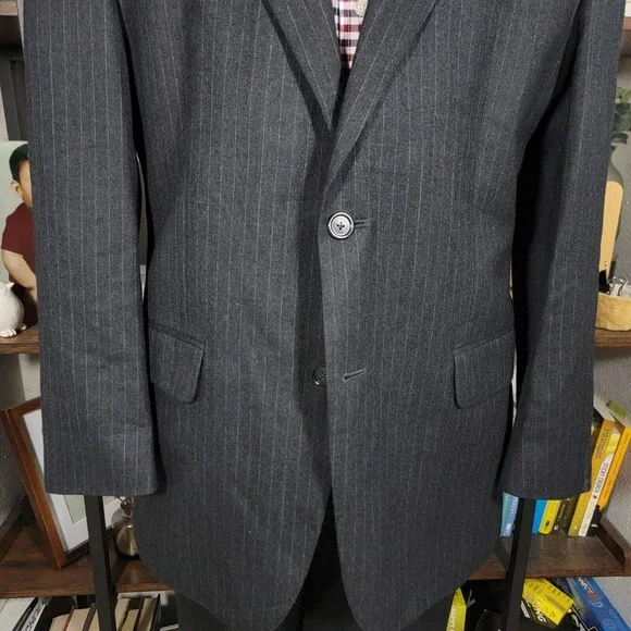 JOS A BANK Men's Flannel Sport Coat Two Button Black‎ Striped Wool Cashmere 43R